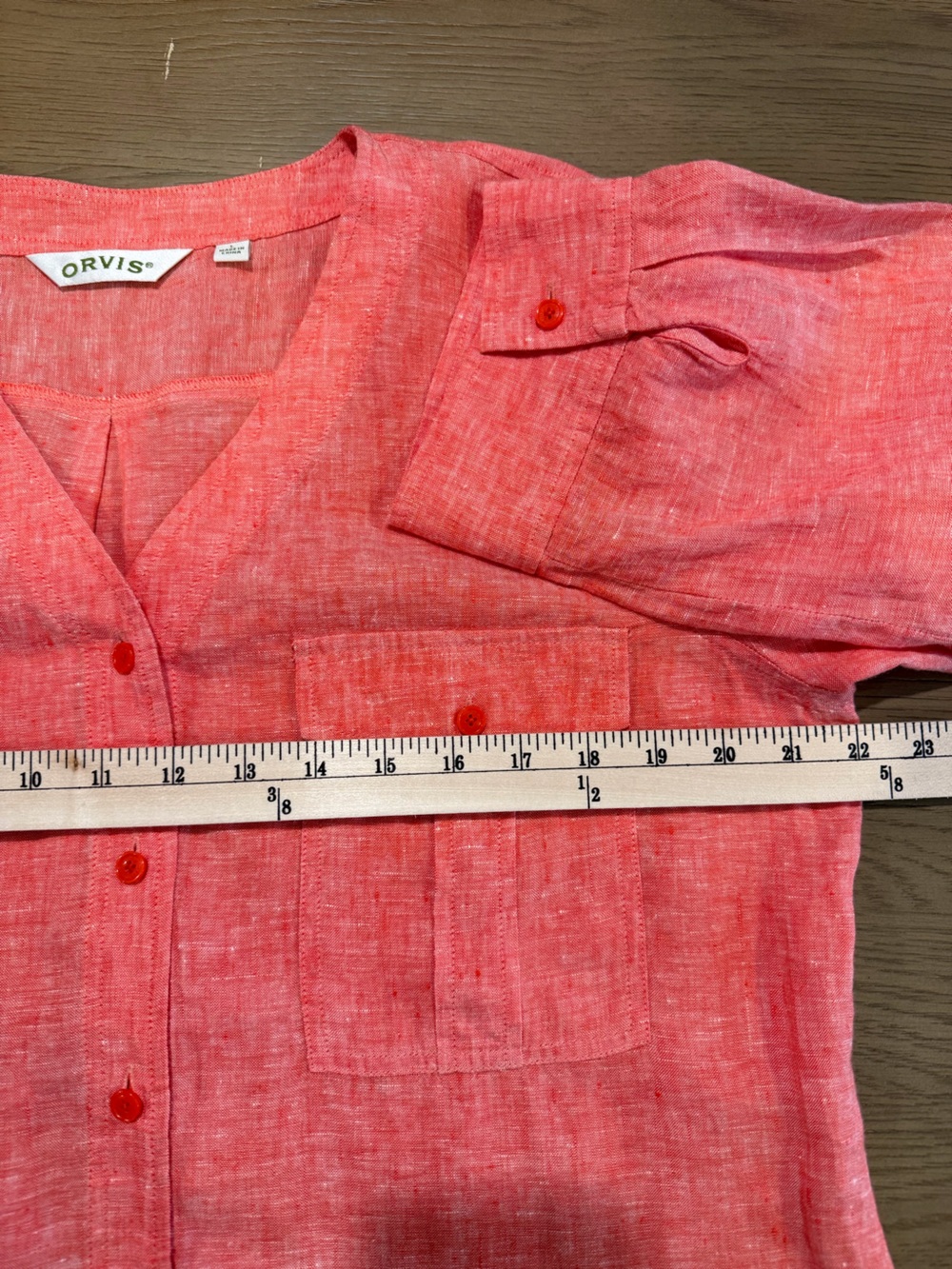 Orvis 100% Linen Utility Button Front Blouse Lightweight Coastal Coral Tunic - Picture 7 of 11
